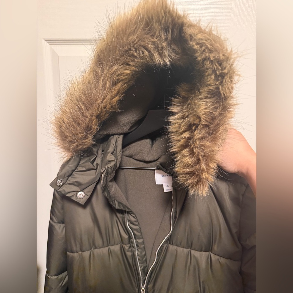 Old Navy Olive Green Faux Fur Hooded Puffer Jacket